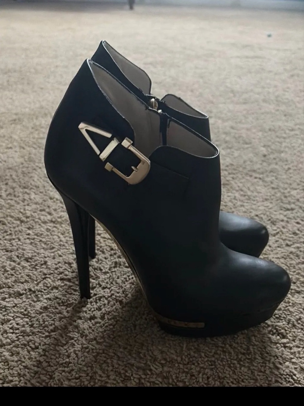 Women's Black High Heel Ankle Boots with Decorative Buckle